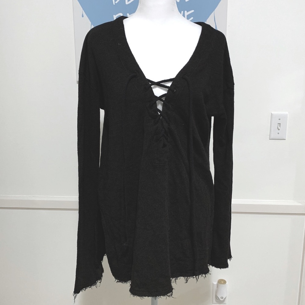 Black tie up v neck hoodie
